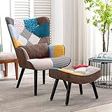 Relaxsessel mit Hocker Patchwork Sessel Ohrensessel Holz Sessel Wohnzimmer, moderner Fernsehsessel...