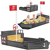 KIDIZ® Sandkasten AHOI - Piratenschiff Boot Segelschiff aus Holz Inkl. Abdeckung, Bodenplane,...