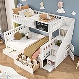 Rtopsu Etagenbett Kinderbett 90x200 & 140x200 cm für 2-3 Kinder, Hochbett mit Treppe und 2 Stauraum...
