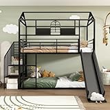 Aoskem Kinderbett Etagenbett 90x200, Hochbett Hausbett Metallbett mit Rutsche & Seitenleiter, Dach &...