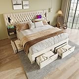 ZIDEY Bett mit Nachttischen, Schlafzimmer Komplett Set 180x200 Polsterbett mit LED&USB&4 Schubladen,...