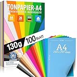 100 Blatt TONPAPIER - Buntes Papier DIN A4-130g/m² Set 20 Farben – Stabil Bastelpapier & Farbige...