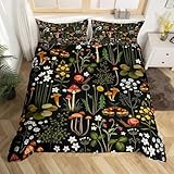 Niedlicher Pilz-Bettbezug, King-Size-Größe, 3-teilig, Wildblumen, Dschungelpflanzen,...
