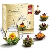 Creano Teeblumen Mix - goldenes Geschenkset Erblühtee mit Glas Teekanne weißer, grüner &...