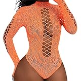 alloneslife Verzierter Langarm-Body mit durchscheinender Retikulatio-Strumpfhose für Party,...