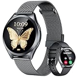 Schwarz Smartwatch Damen Armbanduhr Rund: Smart Watch Damen Metallarmband mit Telefonfunktion...