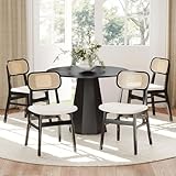 ROCITY Rattan Esszimmerstühle 4er Set Schwarz Leinenstoff Esszimmerstühle Natur Holz...