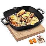 OVERMONT Grillpfanne Gusseisen mit Griff - Gusseisenpfanne quadratisch 26CM - Voreingebrannte...