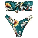 ZAFUL Damen Bandeau Schulterfrei Bikini Set Sexy Strandkleidung mit Blumenmuster Knote (Grün, M)