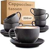 Cosumy Cappuccinotassen Schwarz mit Untertassen - 6er Set - 200ml - Streifenmuster Keramik -...