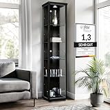 K-Möbel Glasvitrine Stehend (176x37x33cm) - Made in Germany - Vitrinenschrank Schwarz mit 4...