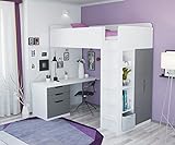 Polini Home Hochbett mit Kleiderschrank und Schreibtisch weiß grau Hochbett