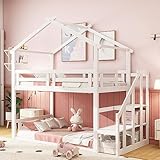 Hausbett mit Treppe 200x90cm, Etagenbett Kinderbett mit Rausfallschutz und 1 Lattenrost,Kinderbett...