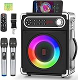 Karaoke Anlage mit 2 Mikrofonen, Tragbarer Kabelloser Lautsprecher Party Musik Box mit LED-Leuchten,...