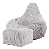 Icon Dalton Sitzsack mit Hocker Cord, Grau, Gaming Sitzsack Erwachsene mit Füllung, Bean Bag, Cord...