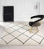 the carpet Bahar Shaggy Hochflor (35 mm) Langflor Wohnzimmer Teppich Rauten Muster Creme-Schwarz...