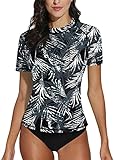 Damen Kurzarm Badeanzug Surfen Mit Blätter Muster Uv Shirts Sonnenschutz UPF 50+ A1 XL