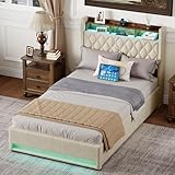 okwish Polsterbett 140x200 cm mit LED, USB & Steckdose, Kopfteil mit Stauraum, Hydraulisches Bett...