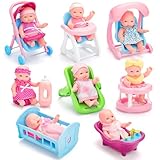deAO 8 Stück Mini-Babypuppe mit Zubehör, Reborn Puppen Spielset mit Puppenwagen, Badespielzeug,...