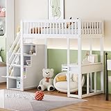 HYUB Hochbett 90x200 cm mit Schreibtisch und Lattenrost, Kinderhochbett mit Treppe und Stauraum,...