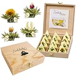 Creano Teelini Teeblumen im Tassenformat, Geschenkset in Teekiste aus Holz, 12 ErblühTeelini in 4...