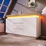 Mengtu Kommode, Hochglanz Sideboard mit 2 Türen und 3 Schubladen, LED Beleuchtung (App Control),...