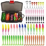 64 Stück Gummifische Angelköder mit Jigkopf, Gummiköder Angel Köder Sets für Forelle Zander...