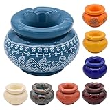 Murago - Aschenbecher Keramik ' Moroccan ' - Blau mit Mustern weiß - für draussen mit Deckel...