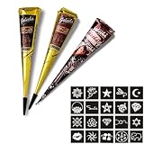 3x Henna Tattoo Temporäre Tattoo + 20x Henna Schablone,Natürliche Paste Cones Kegel, schwarz,braun...