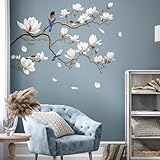 SHUCHING Wandtattoo Weiße Blumen, Wandaufkleber Magnolie, Selbstklebend Wandsticker für Wohnzimmer...