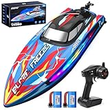 DEERC RC Boot mit LED-Licht, ferngesteuertes, für Pools und Seen, 20+ km/h, 2,4-GHz-Rennboote mit 2...