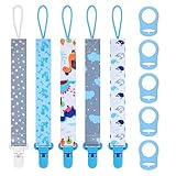 Schnullerkette Junge, 5er Baby Schnullerband Stoff mit 5er Silikonring, Schnullerketten mit Clips,...