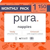 Pura Eco Baby Nappies - Größe 1 (2-5 kg), 6 x 25 Nappies (insgesamt 150 Stück), Monthly Pack,...