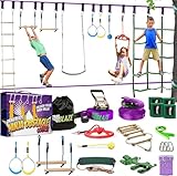 Ninja Warrior Obstacle Course for Kids Workout Equipment, 2 x 55ft Slacklines with 10 Weatherproof &...