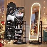 LVSOMT LED Schmuckschrank mit Bogen Spiegel, Spiegel Schmuckschrank Stehend, 360° Drehbar...