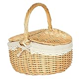 BIUDECO Outdoor-Picknickkorb Ovaler Korb Rattankorb Mit Deckel Obstpflücker Korb Geflochtener Korb...