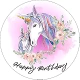 Essbarer Tortenaufleger Einhorn Happy Birthday // Kuchendekoration Geburtstag, Einhörner // 20cm...