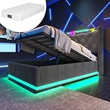 VSOGA Polsterbett Einzelbett 90x200 cm 360° LED Beleuchtung Hydraulisches Lagerbett USB-C...