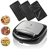 OZAVO Sandwichmaker 3 in 1, Waffeln, Paninitoaster, 3 abnehmbare Grillplatten, Tisch-Grill für...