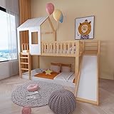 FEZTOY Etagenbett mit Leiter und Rutsche, Hausbett mit Dach und Fenster, Kinderbett Stockbett mit...