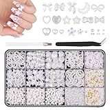 Goiern 3D Nagel Charms für Nagel Design Set, Weiße Nagel Schleifen Diverse Perlen Herz Stern...