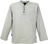 GURU SHOP Nepal Ethno Fischerhemd mit Kokosknöpfen, Goa Hemd, Freizeithemd mit Stehkragen, Grau,...