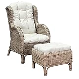 FineHome XXL Relaxsessel Korbsessel Ohrensessel mit Fußhocker aus Rattan, inkl. Polster beige...