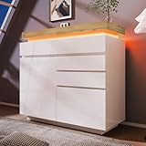 Mengtu Kommode, Hochglanz Sideboard mit 2 Türen und 3 Schubladen, LED Beleuchtung (App Control),...