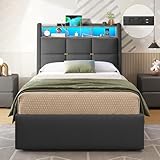 DICTAC Polsterbett 90x200 mit LED Beleuchtung und Steckdosenleiste Einzelbett mit Lattenrost...