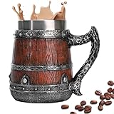 Holz-Bierkrug – doppelwandiger Edelstahl-Bierkrug | Rustikaler Bierkrug mit Griff, isolierter...