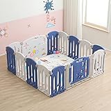 Aufun Laufstall Baby Faltbar, Laufgitter mit Tür und Spielzeugboard, 12 Panel Blu+Weiß Baby...