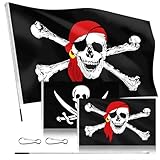 2 Stück Piraten Flagge Set 2 Pirat Schädel Flagge 90 x 150 cm 1 Teleskop Fahnenmast 1m mit 2...