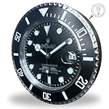 Wanduhr Hommage Submariner Black Edition | Datumsanzeige mit Lupe | Dekoration | leises Quarzwerk |...