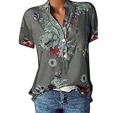 Blusen & Tuniken für Damen Bluse Kurzarm V-Ausschnitt Hemdbluse Sommer Shirt Blumen Knopfleiste...